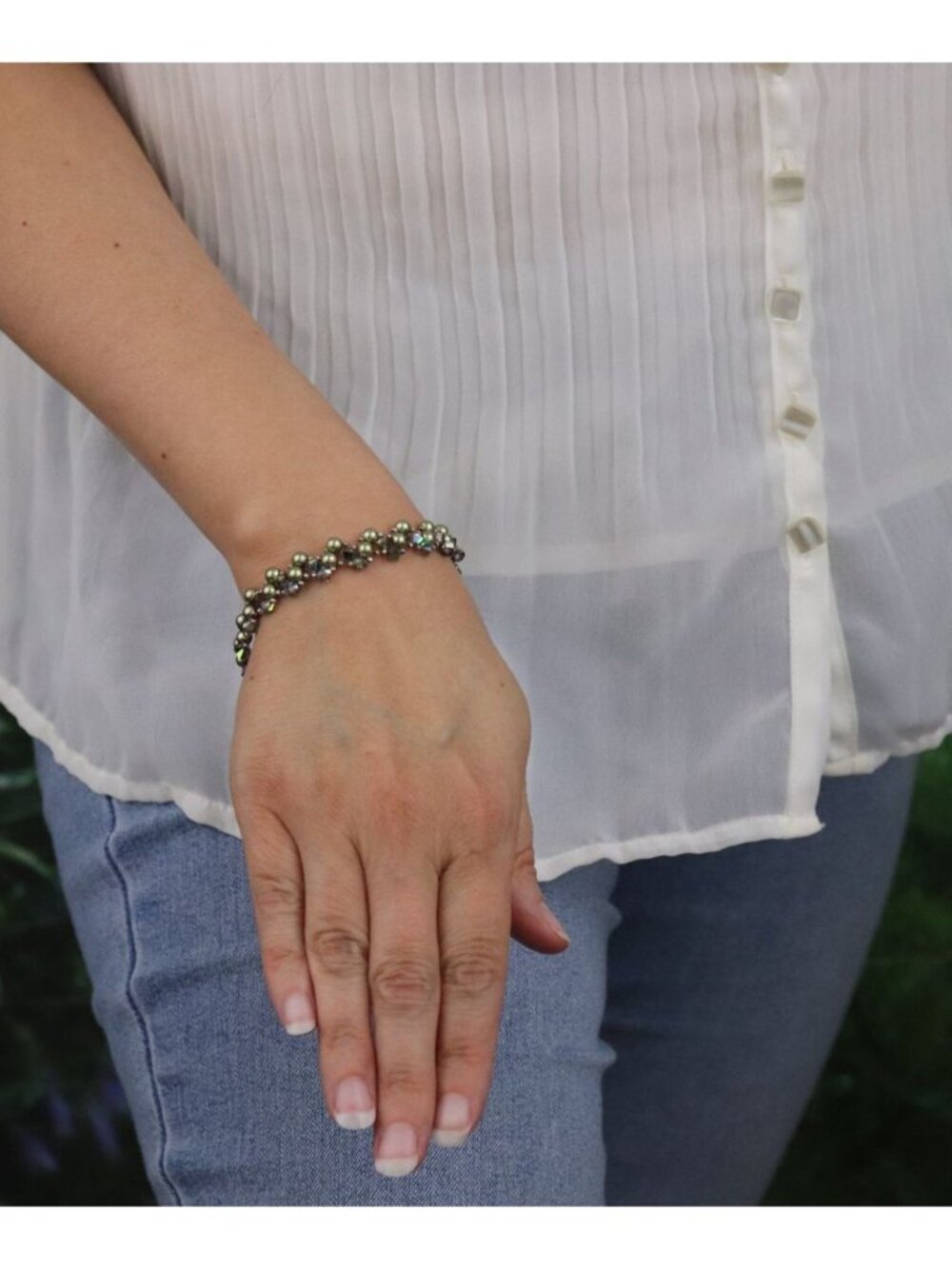 Sterling Silver Bead & Imitation Green Pearl Bracelet 7" inch Woman Teen Child - Picture 2 of 7